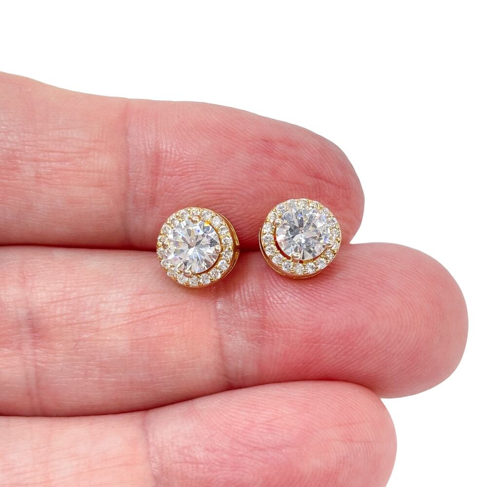 Vintage Gold-Tone Sterling Silver 925 Cubic Zirconia Halo Stud Earrings